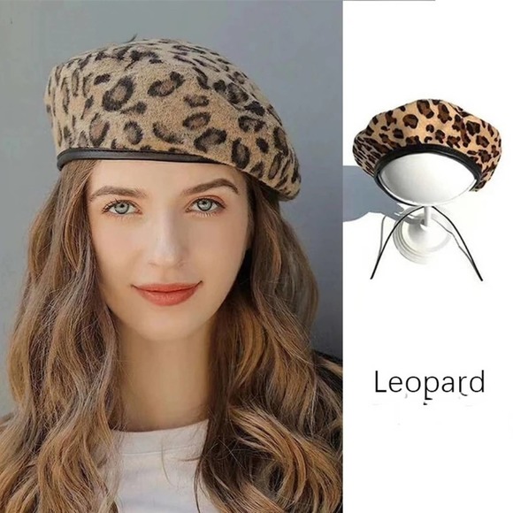 Leopard Beret Hat Tam Beanie Black Leather - Picture 5 of 9